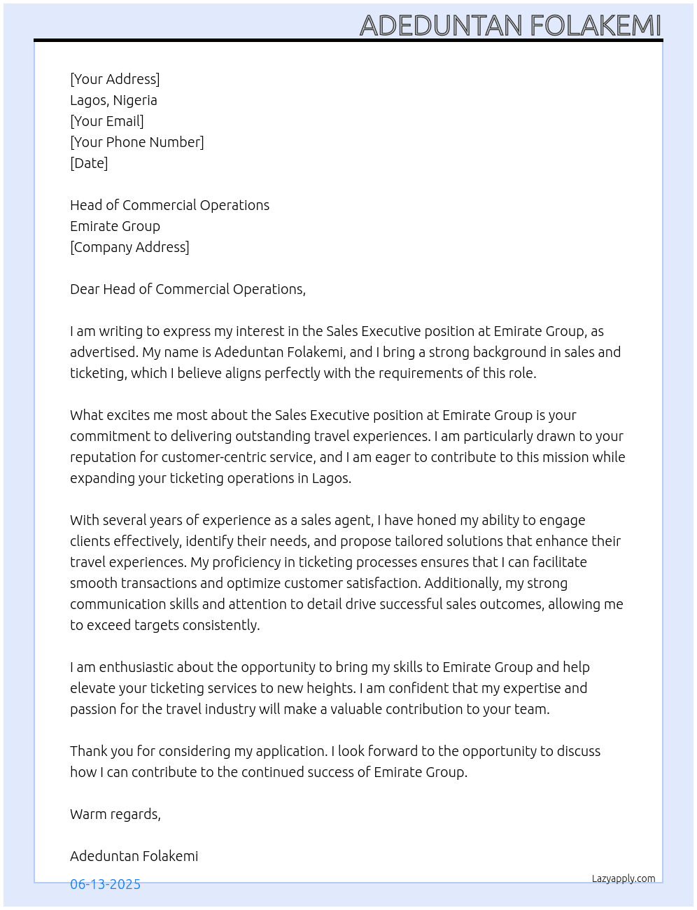 Sales Executive At Emirate Group Cover Letter