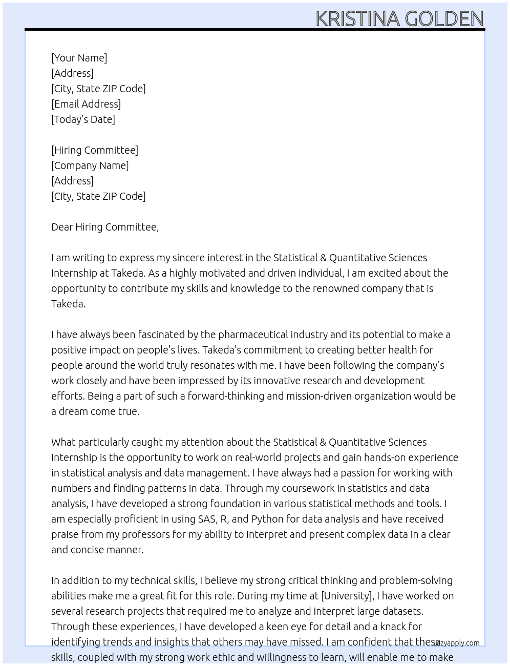 Statistical & Quantitative Sciences Internship At Takeda Cover Letter