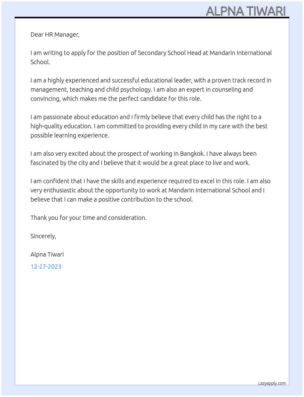 Secondary School Head  At Mandarin International School  Cover Letter