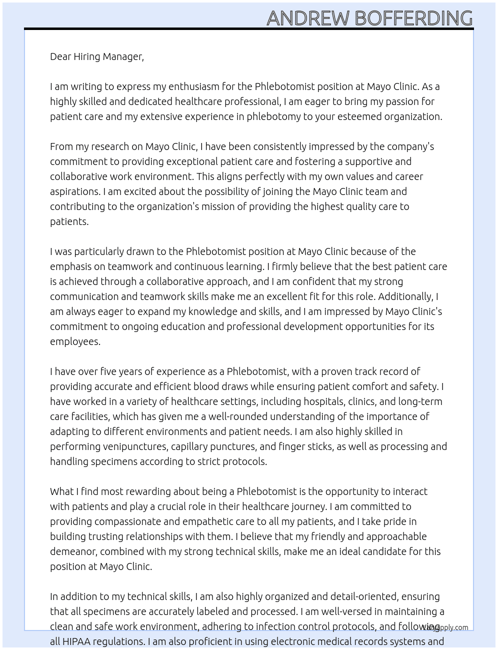 Phlebotomist  At Mayo Clinic Cover Letter