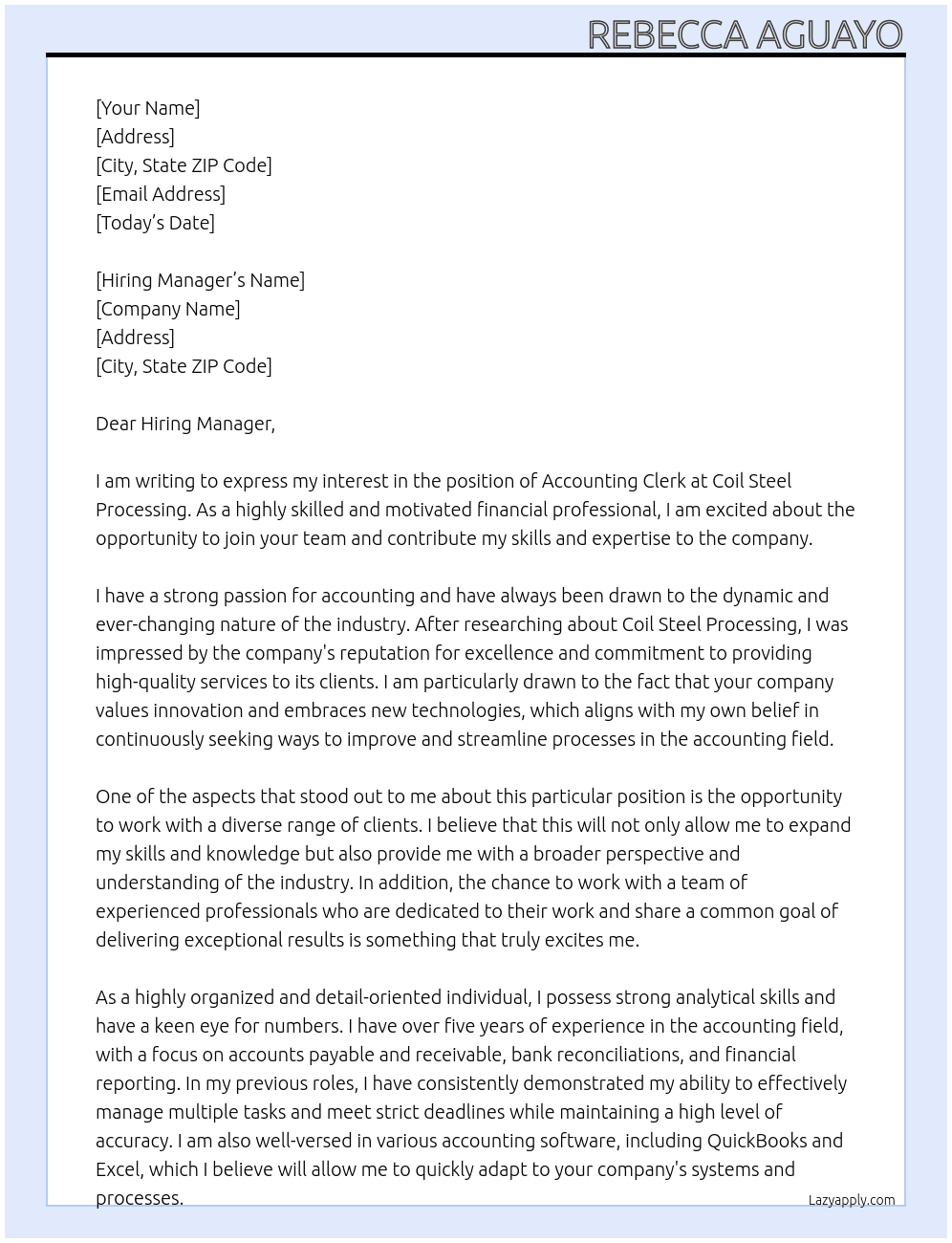 Accounting Clerk At Coil Steel Processing Cover Letter