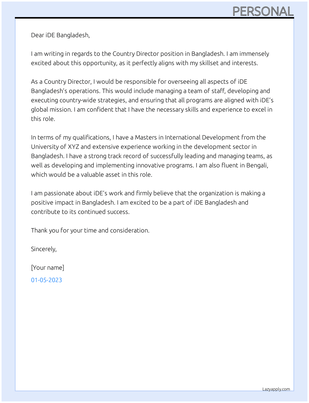 Country Director, Bangladesh At iDE Bangladesh Cover Letter