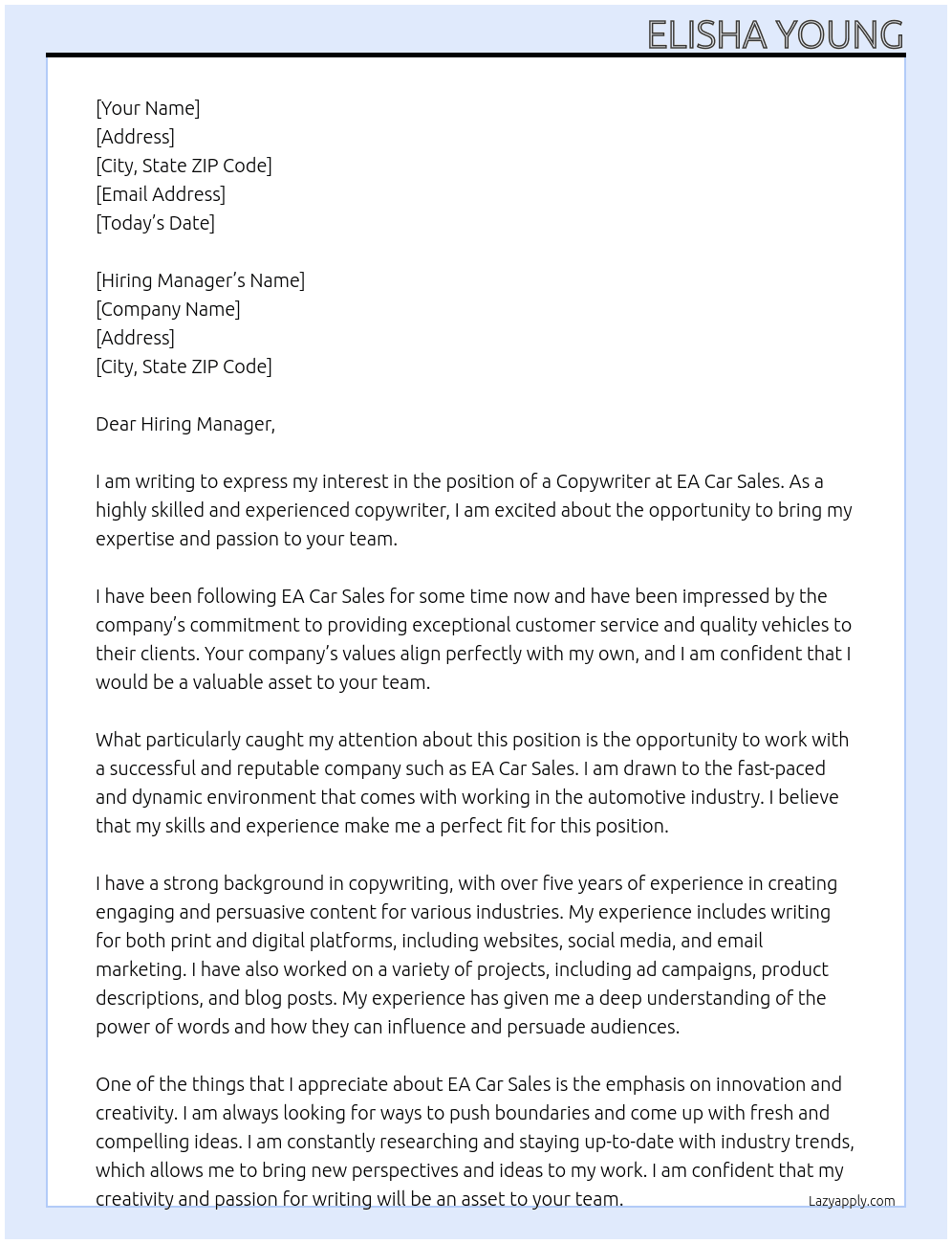 Copywriter  At Ea car sales Cover Letter