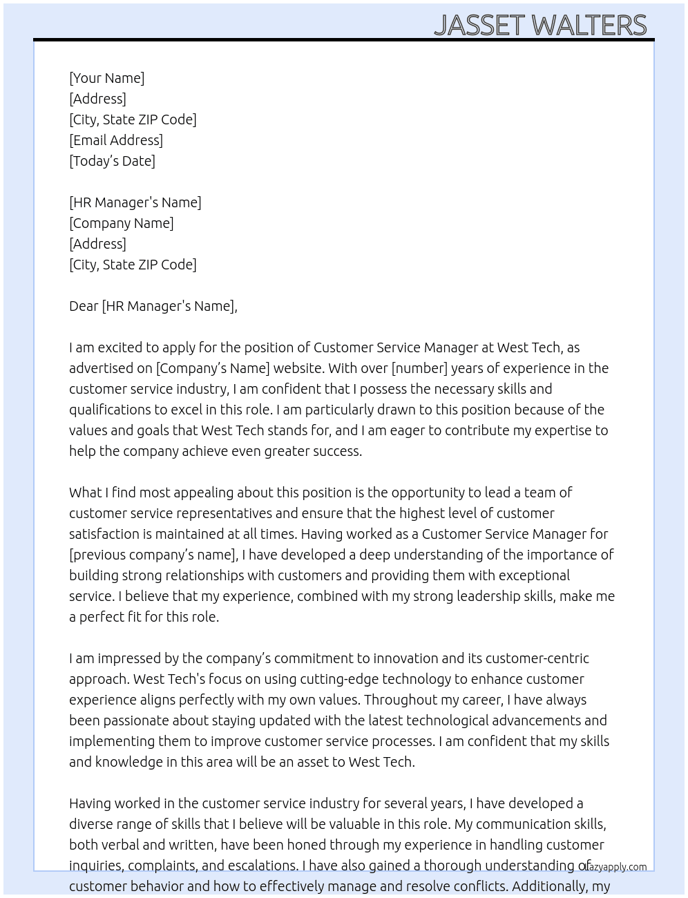 Customer service manager  At West Tech Cover Letter