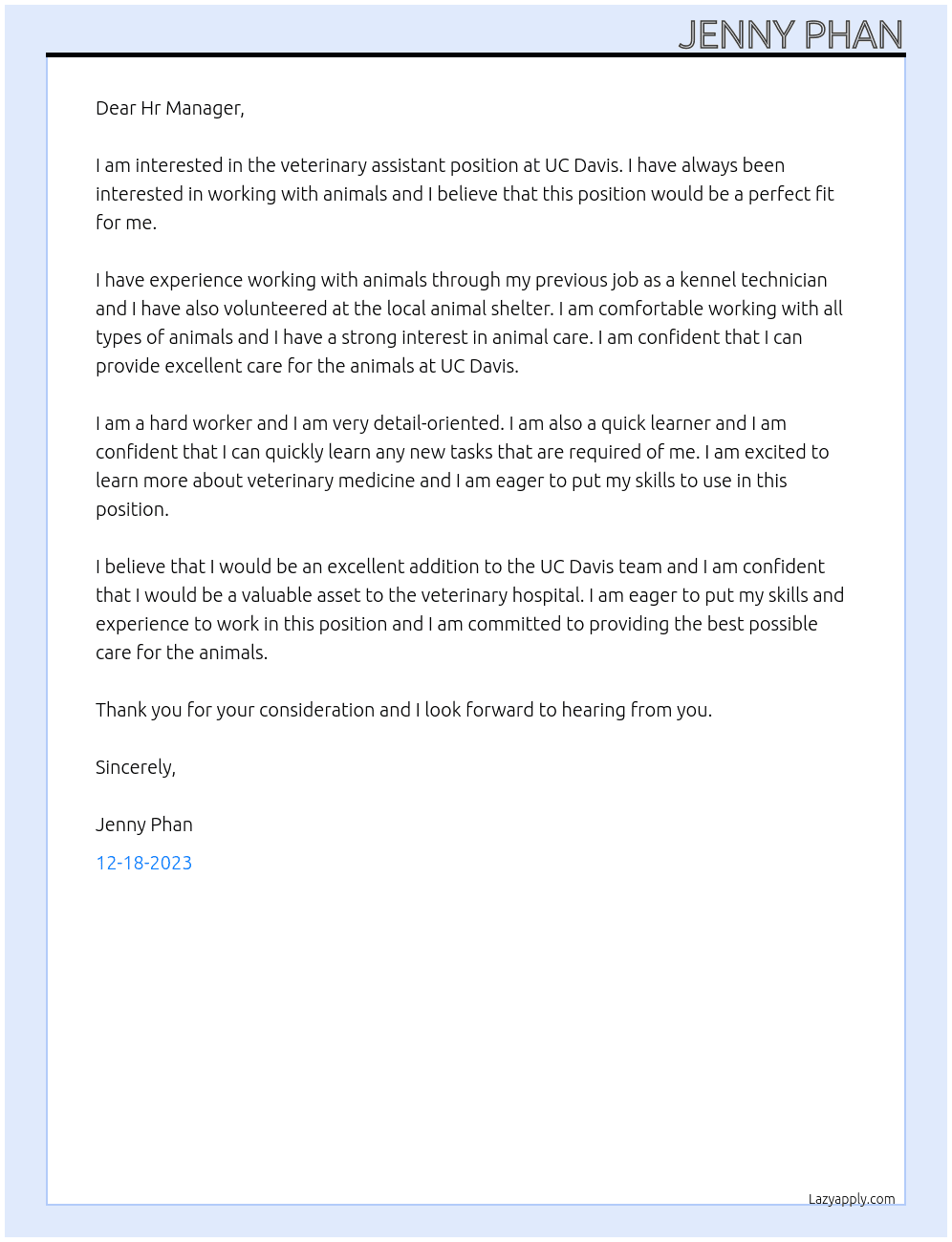 veterinary assistant  At UC Davis  Cover Letter