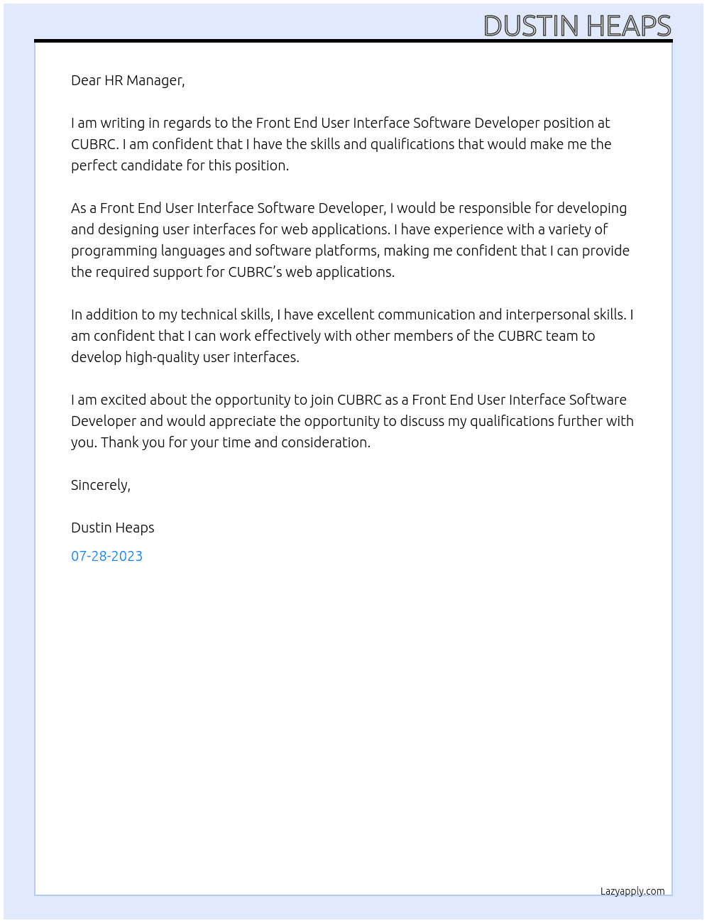 Front End User Interface Software Developer At CUBRC Cover Letter