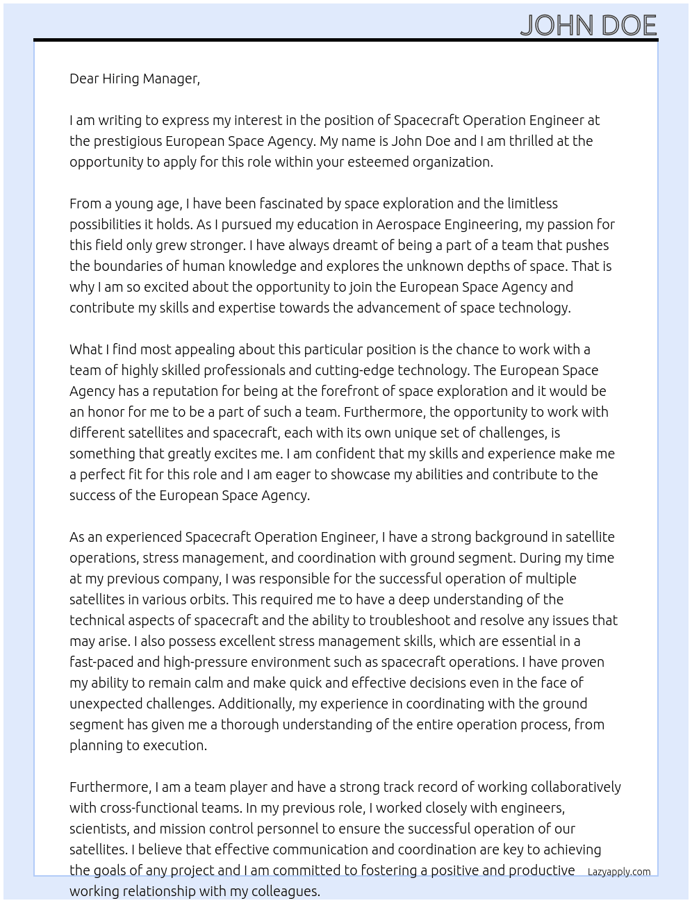Spacecraft Operation Enginner At European Space Agencw Cover Letter