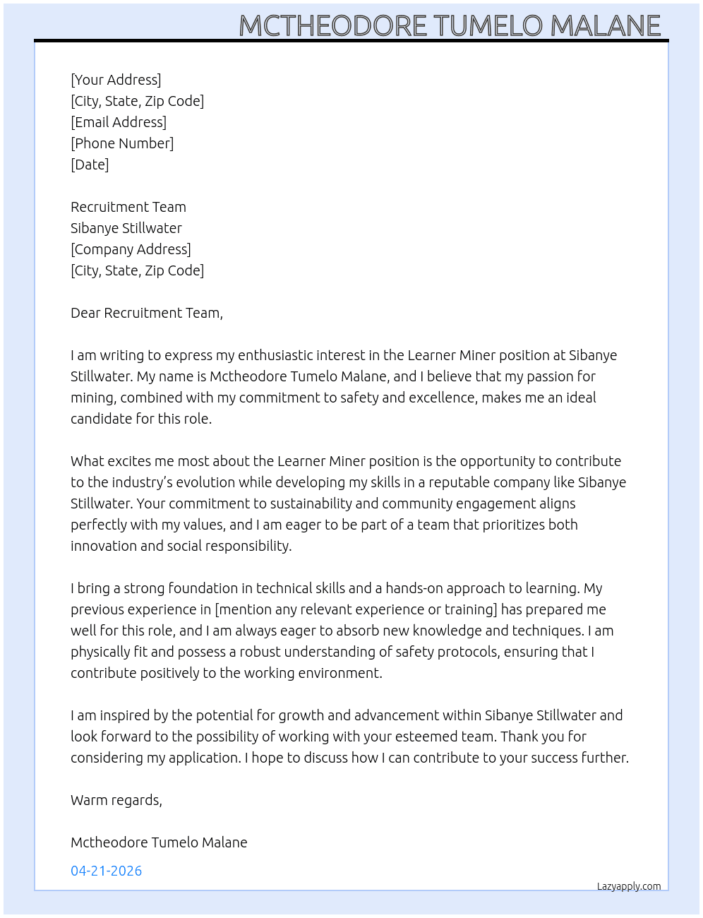 Learner Miner At Sibanye Stillwater  Cover Letter