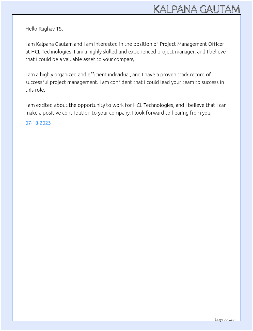 Project Management Officer At HCL Technologies Cover Letter