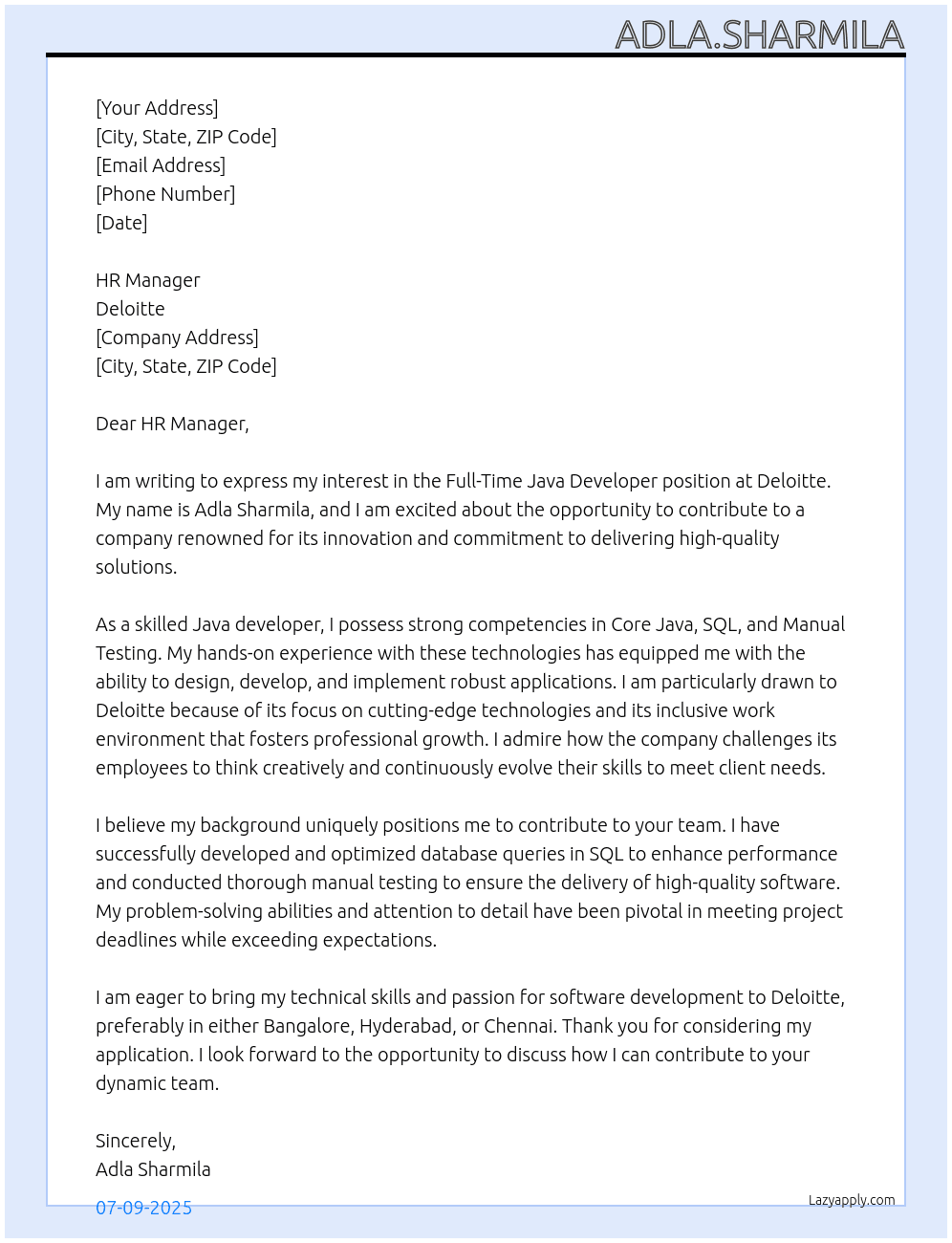 Java developer At Deloitte  Cover Letter
