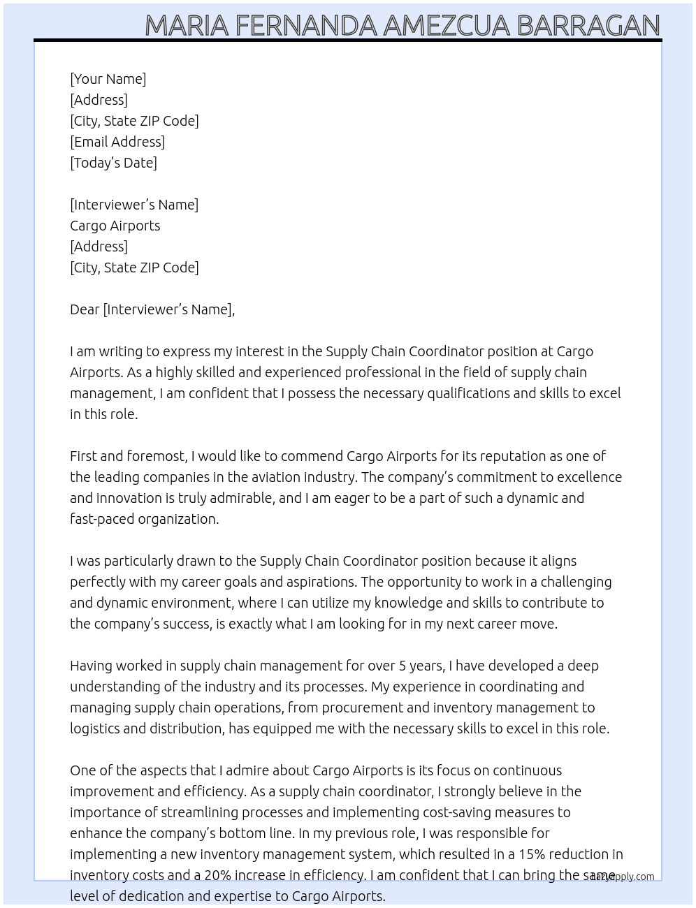 Supply Chain Coordinator At cargo airports Cover Letter