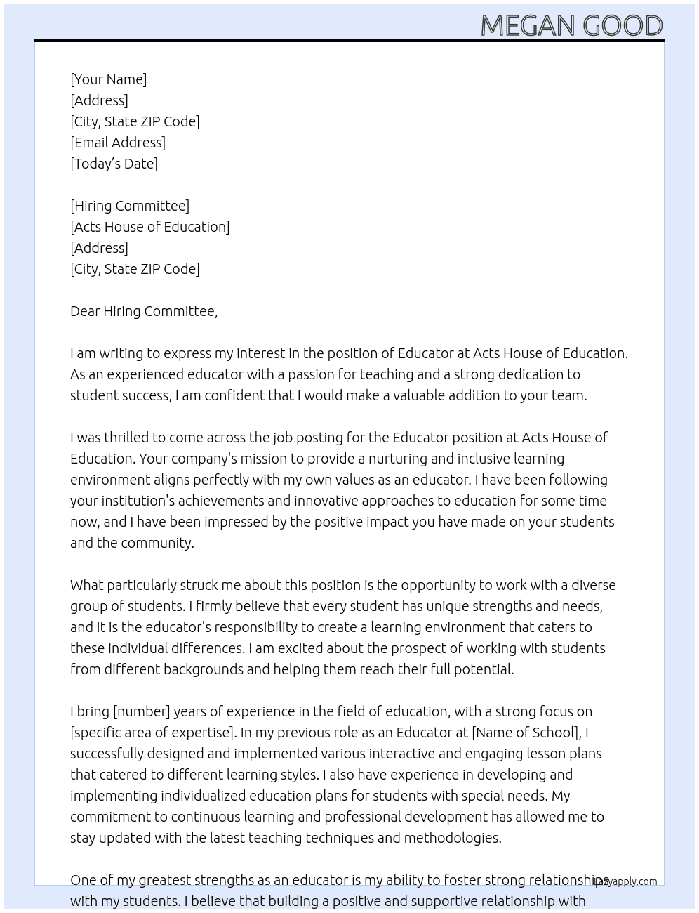 Educaator At Acts House of Education Cover Letter
