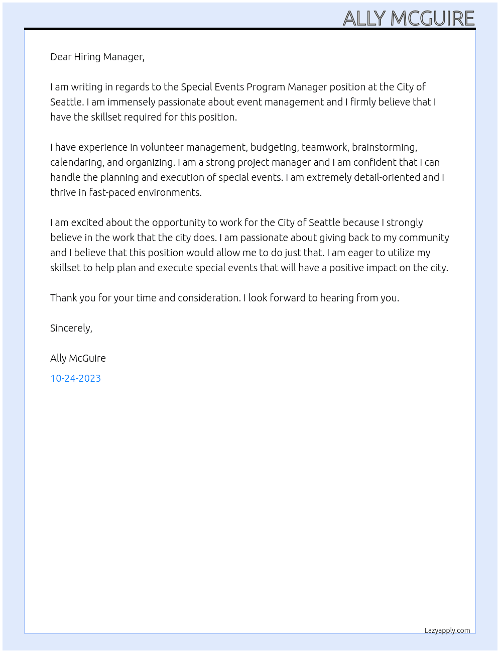 Special Events Program Manager At City of Seattle Cover Letter