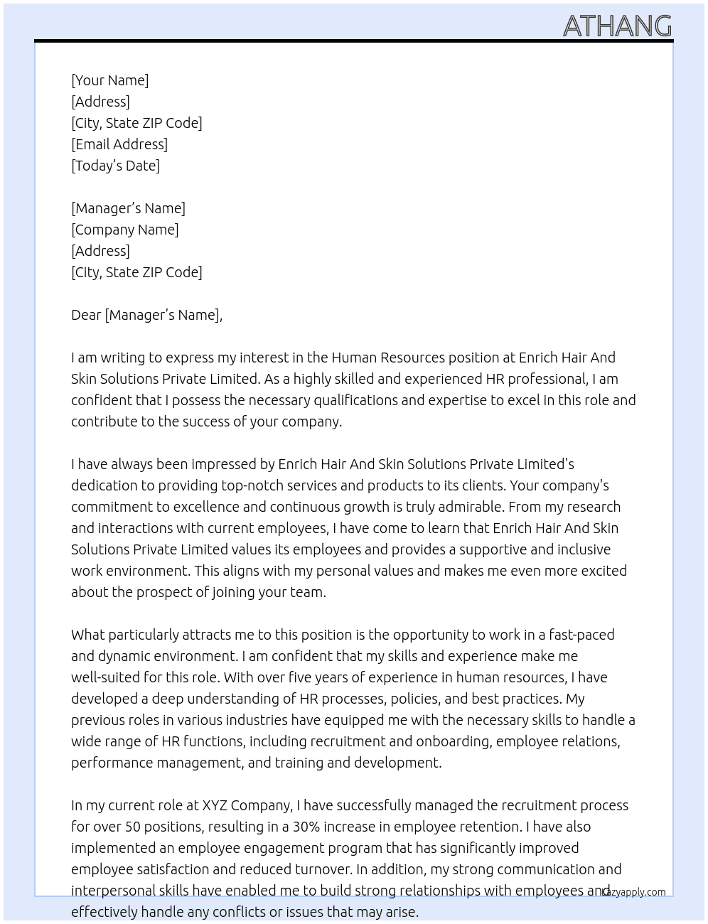 Human resources  At Enrich Hair And Skin Solutions Private Limited Cover Letter