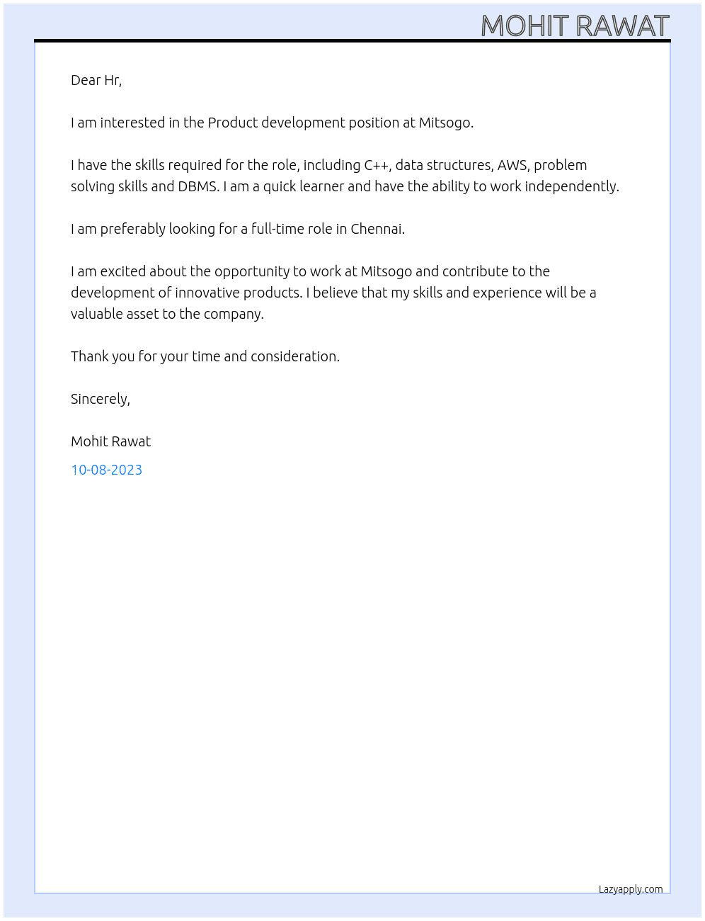 Product development  At Mitsogo  Cover Letter