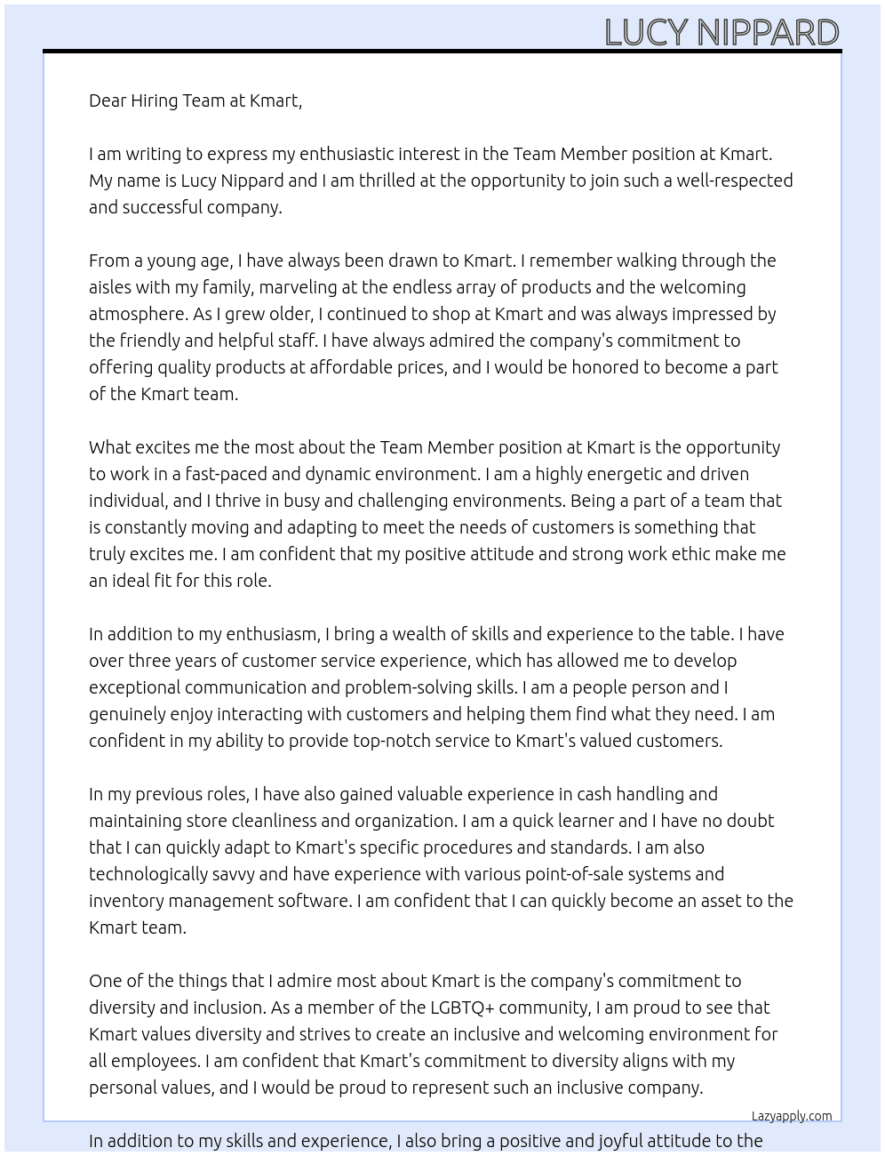 team member At kmart Cover Letter