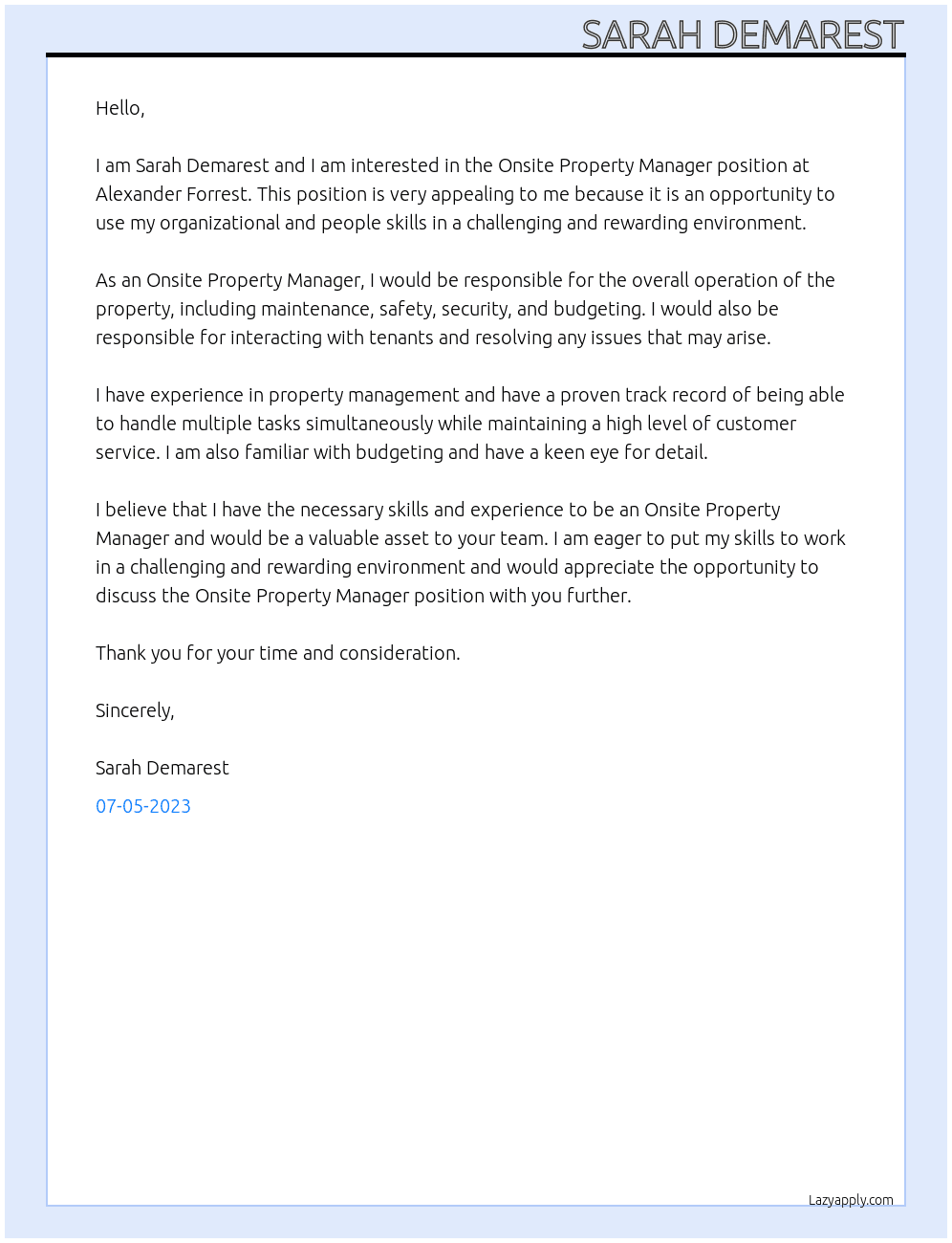 Onsite Property Manager At Alexander Forrest Cover Letter