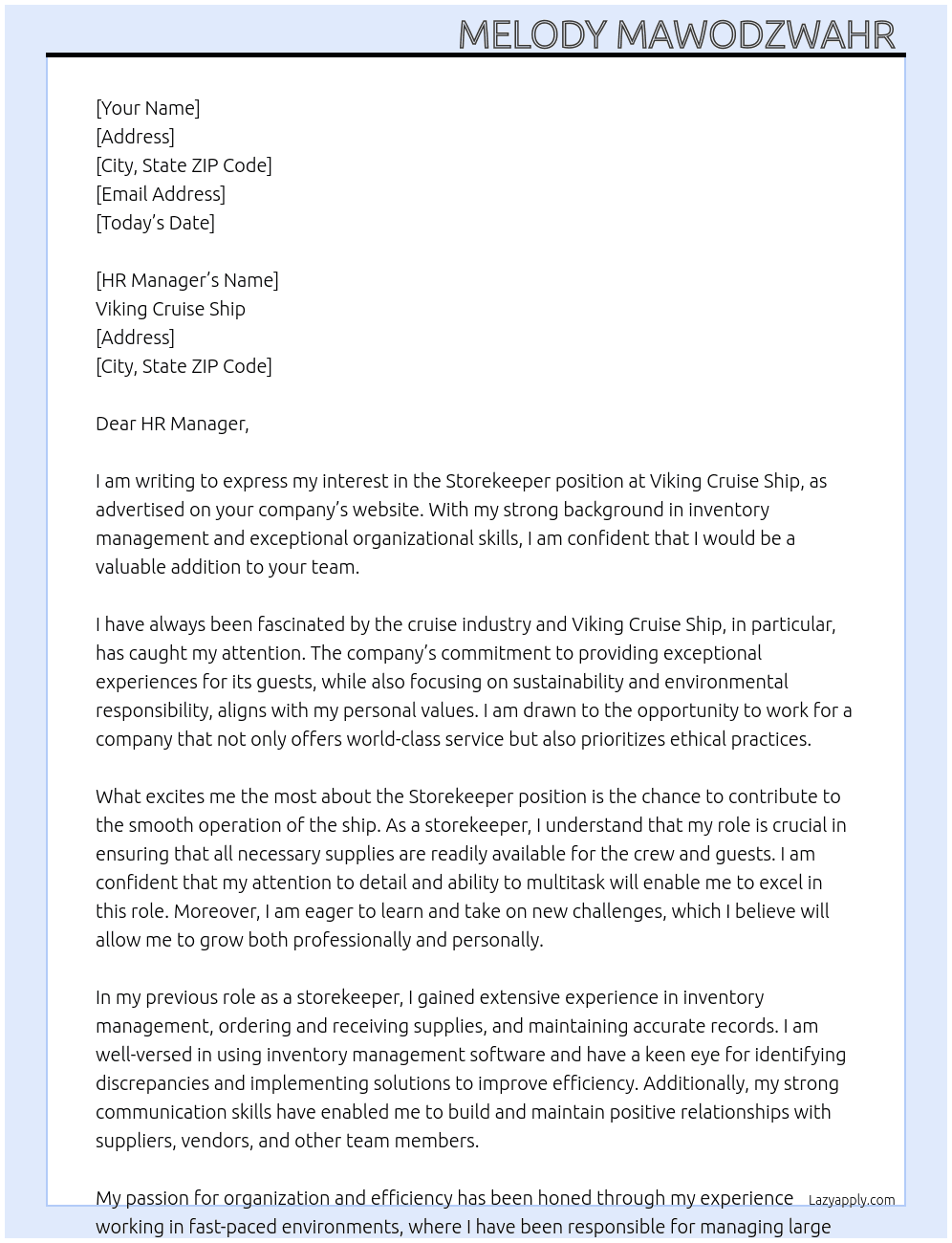Storekeeper  At Viking  cruise ship Cover Letter