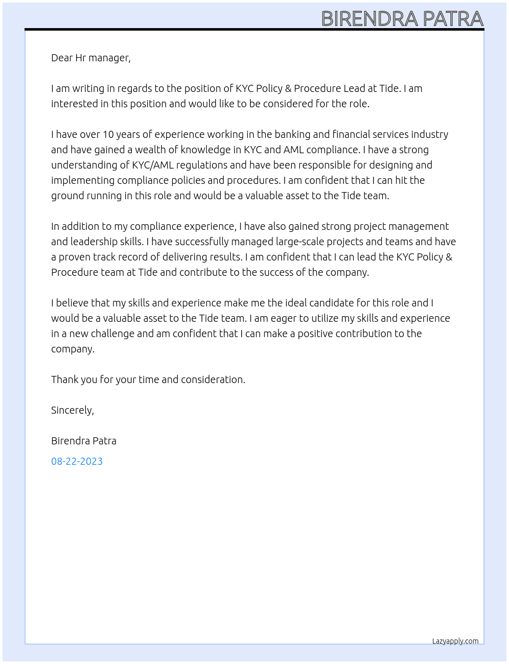 KYC Policy & Procedure Lead At Tide Cover Letter