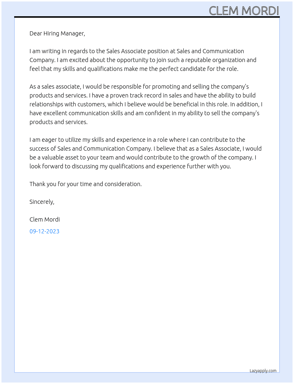 Sales Associate At Sales and communication company  Cover Letter