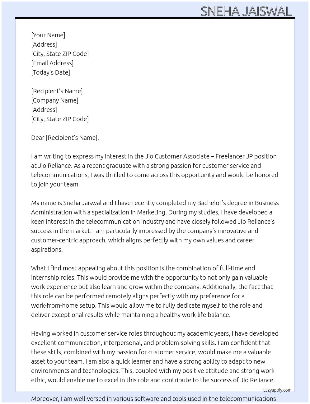 Jio Customer Associate - Freelancer JP At Jio Reliance  Cover Letter