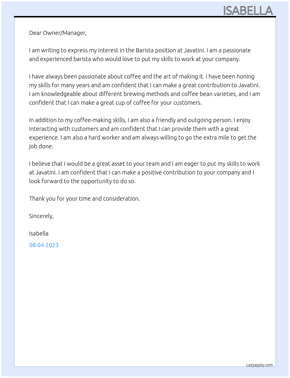 Barista At Javatini Cover Letter