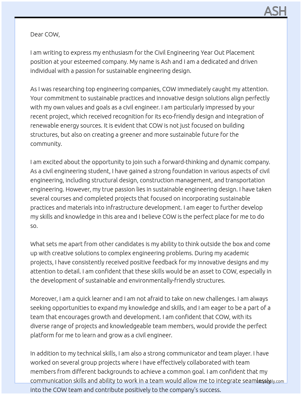 civil engineering year out placement At COW Cover Letter