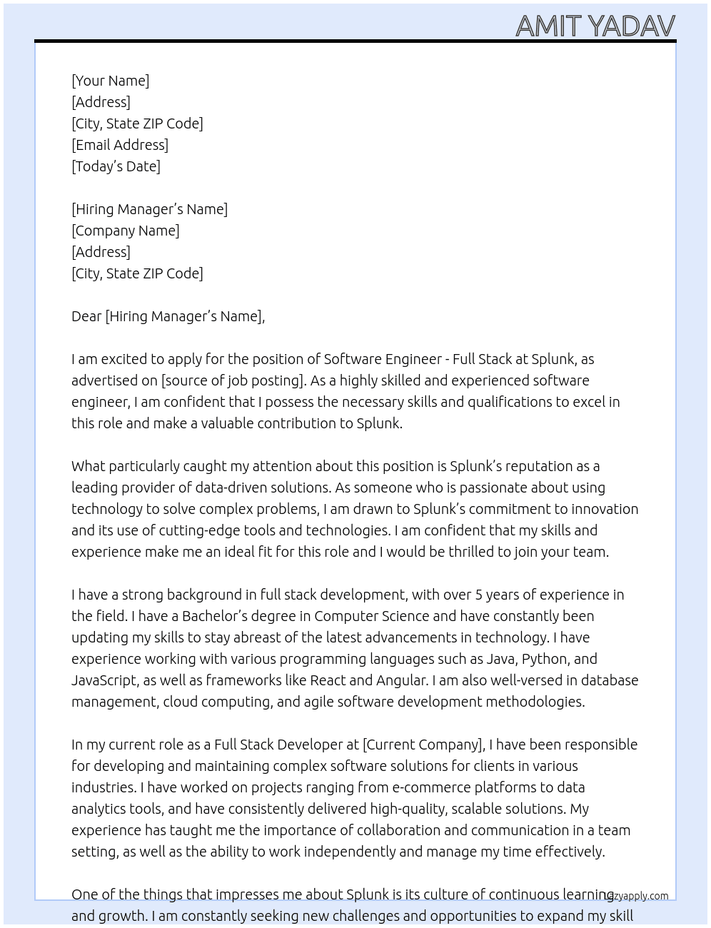 Software Engineer - Full Stack At Splunk Cover Letter