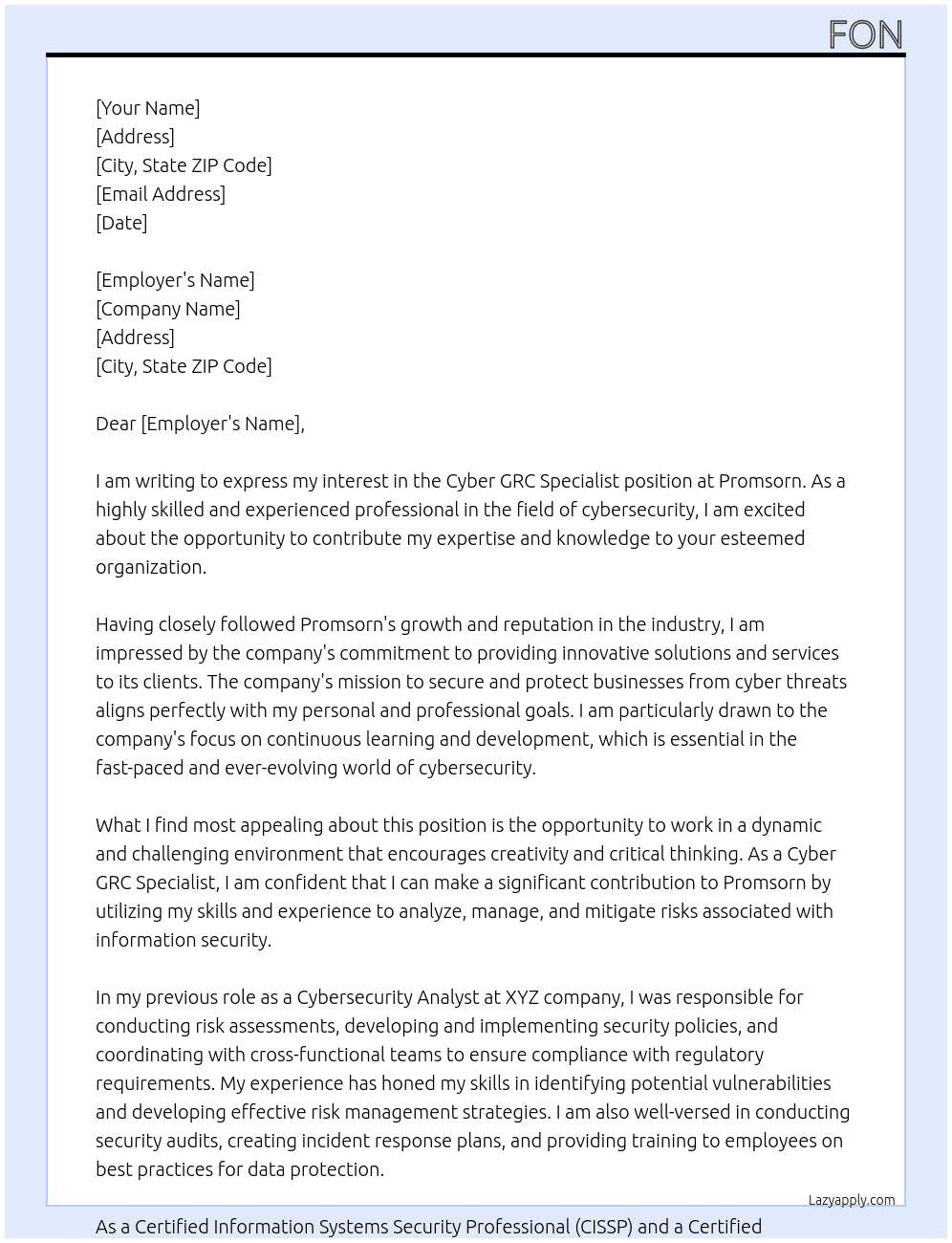 Cyber GRC Specialist  At promsorn Cover Letter