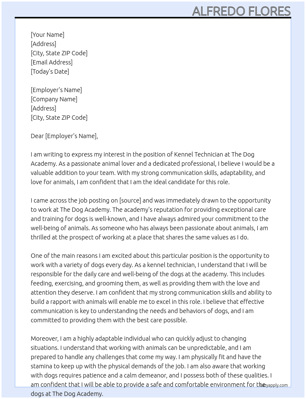 Kennel technician  At The dog academy  Cover Letter