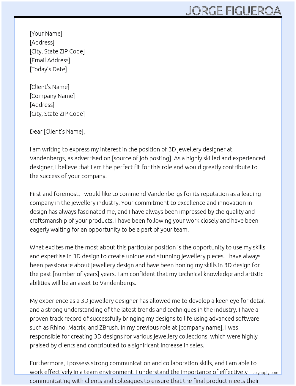 3D jewellery designer  At Vandenbergs Cover Letter