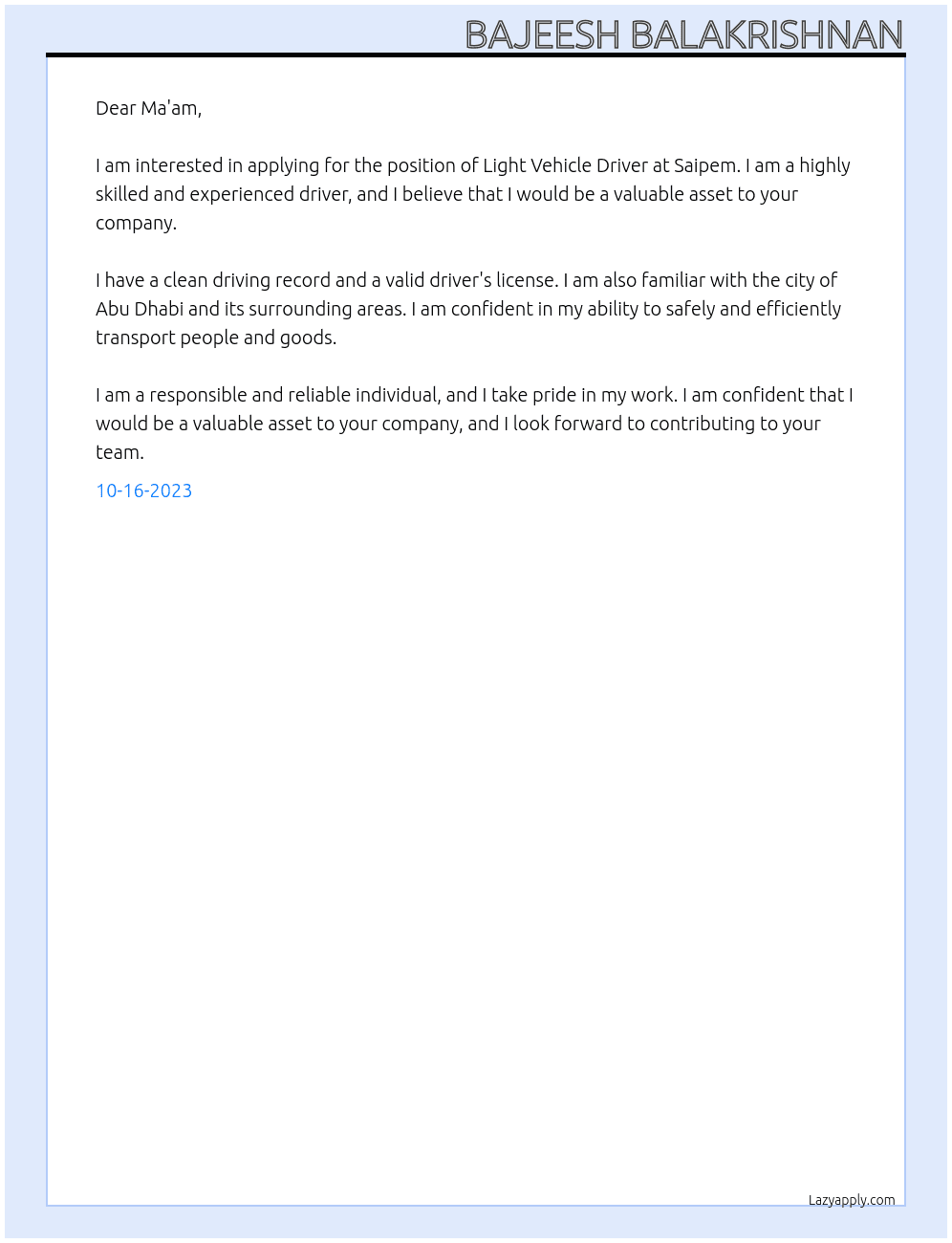 Light Vehicle Driver  At Saipem Cover Letter