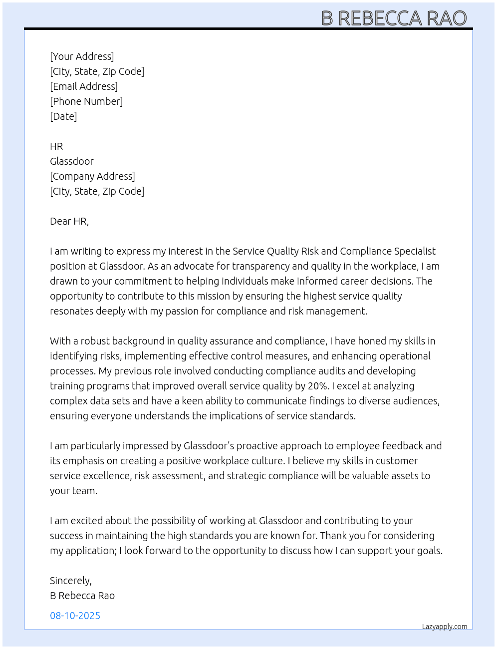 Service Quality Risk and compliance specialist  At Glassdoor Cover Letter