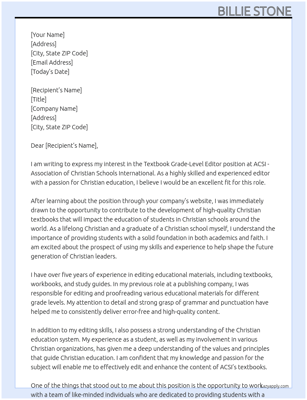 Textbook Grade-Level Editor At ACSI - Association of Christian Schools International Cover Letter