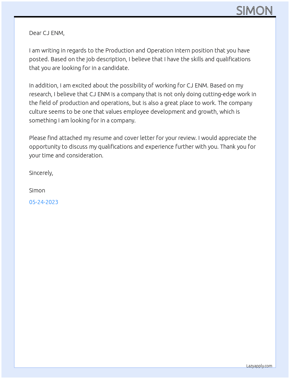Production and Operation Intern At CJ ENM Cover Letter