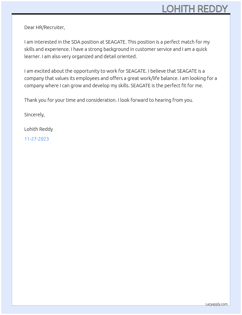 SDA At SEAGATE Cover Letter