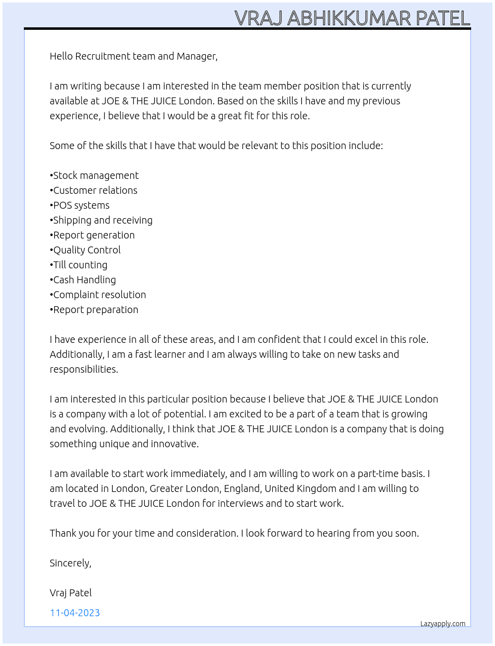 Team Member At JOE & THE JUICE London Cover Letter