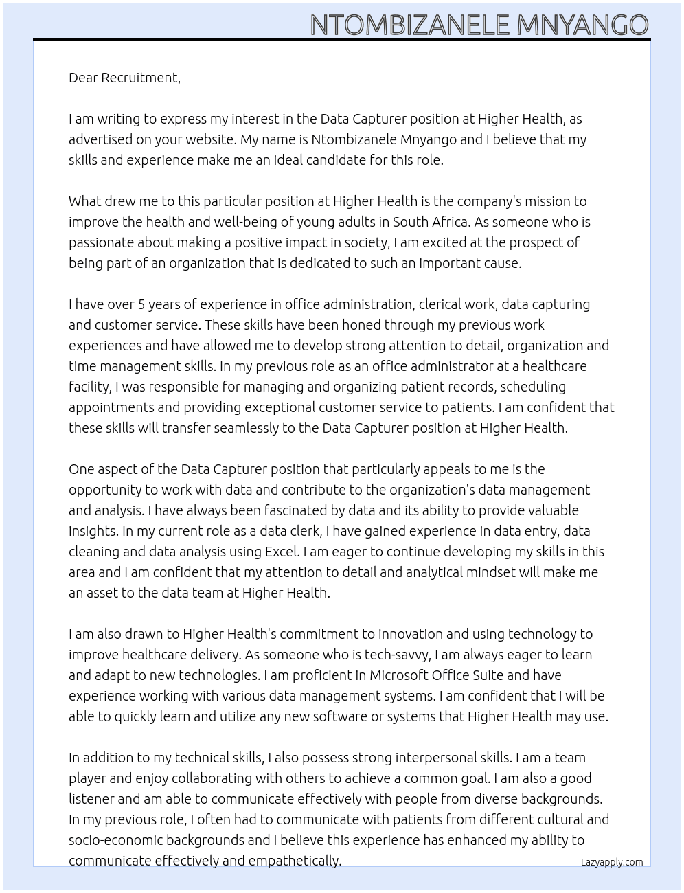 Data Capturer At Higher Health Cover Letter