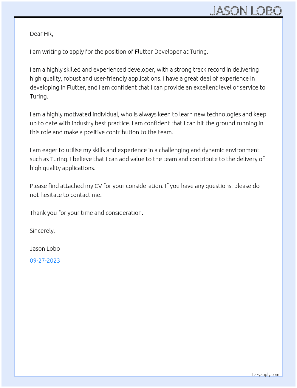 Flutter Developer At Turing Cover Letter