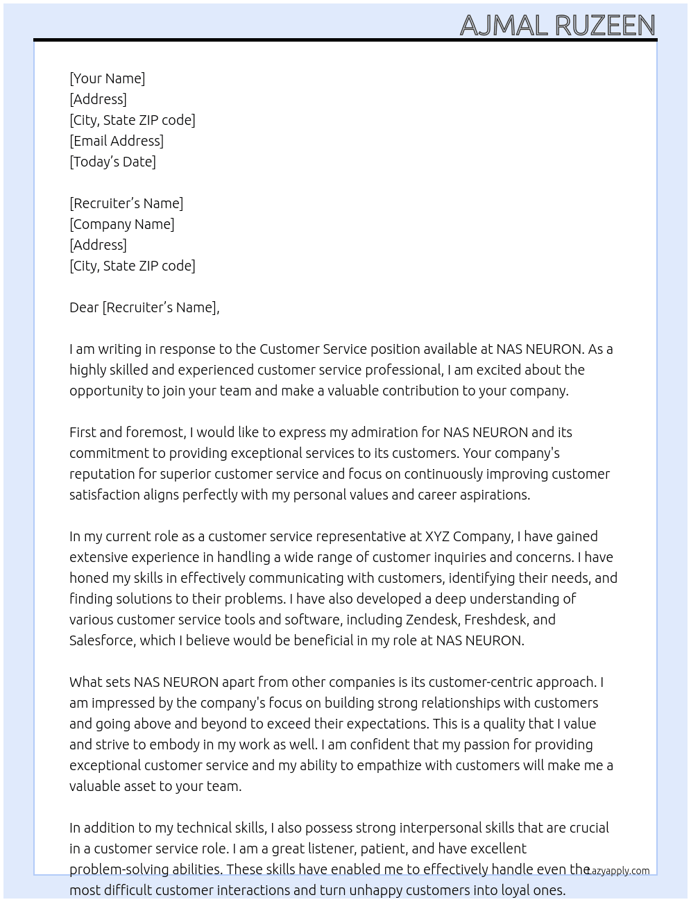 Customer service At NAS NEURON Cover Letter