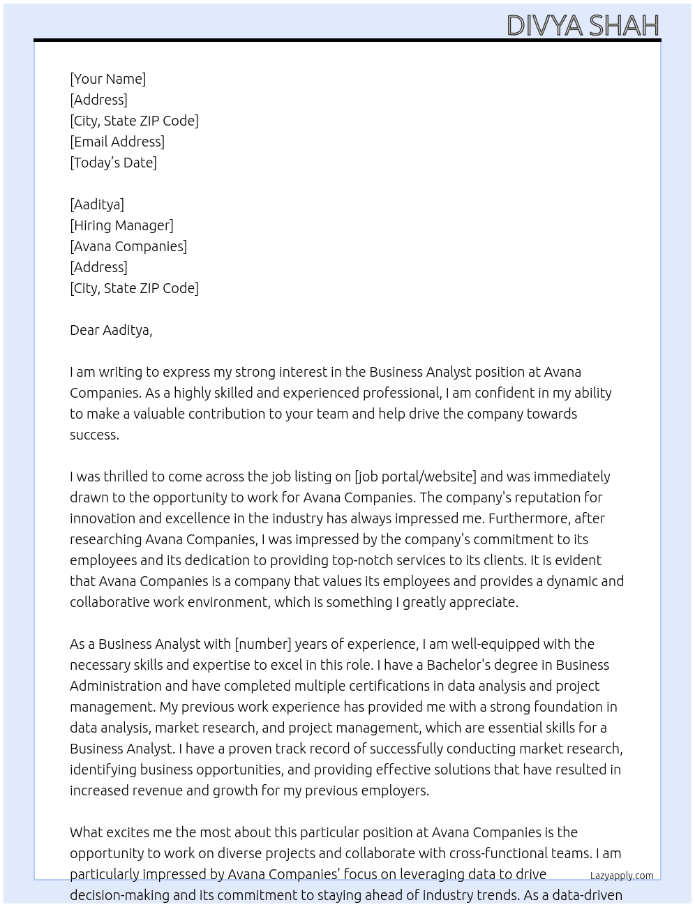 Business Analyst At Avana companies Cover Letter