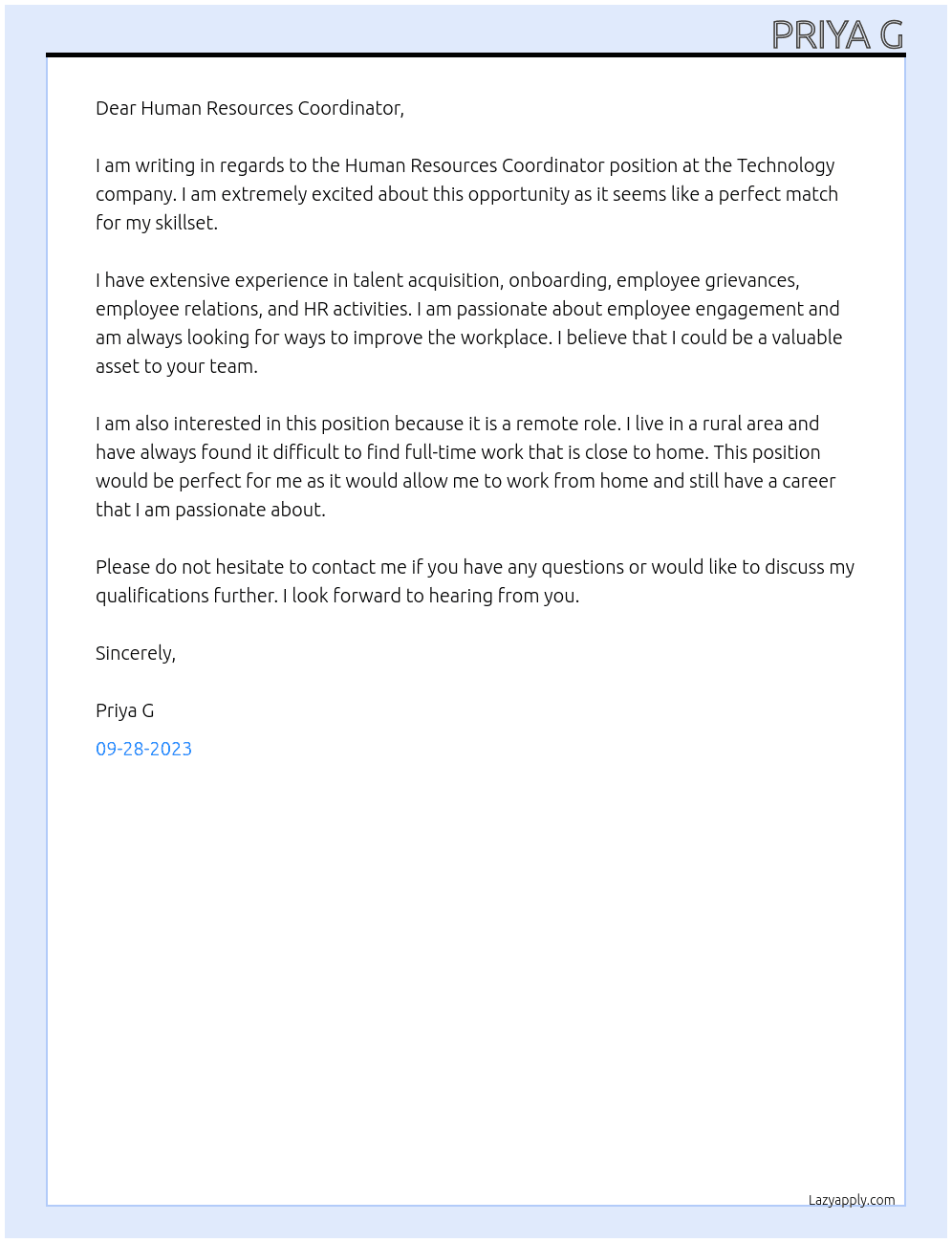 Human resources coordinator  At Technology company  Cover Letter