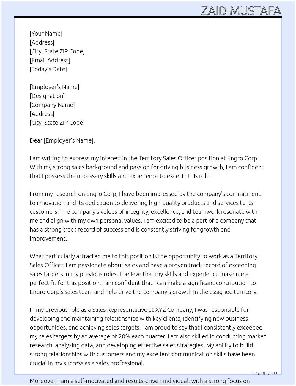 Territory Sales Officer At Engro Corp. Cover Letter