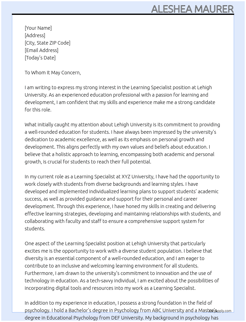 Learning Specialist At Lehigh University Cover Letter