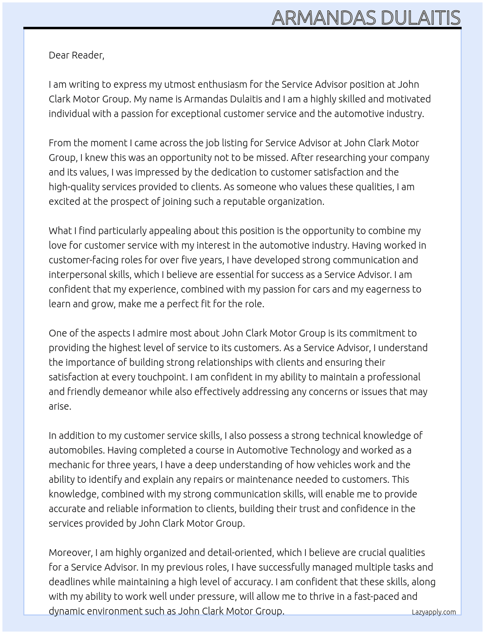Service Advisor At John Clark Motor Group Cover Letter