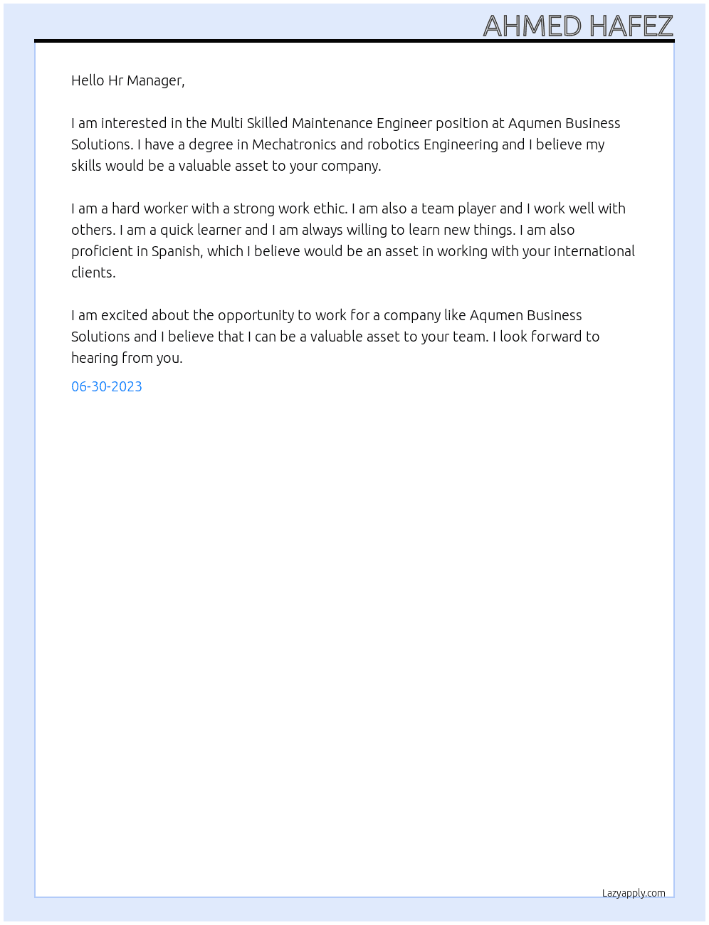 Multi Skilled Maintenance Engineer  At Aqumen Business Solutions Cover Letter
