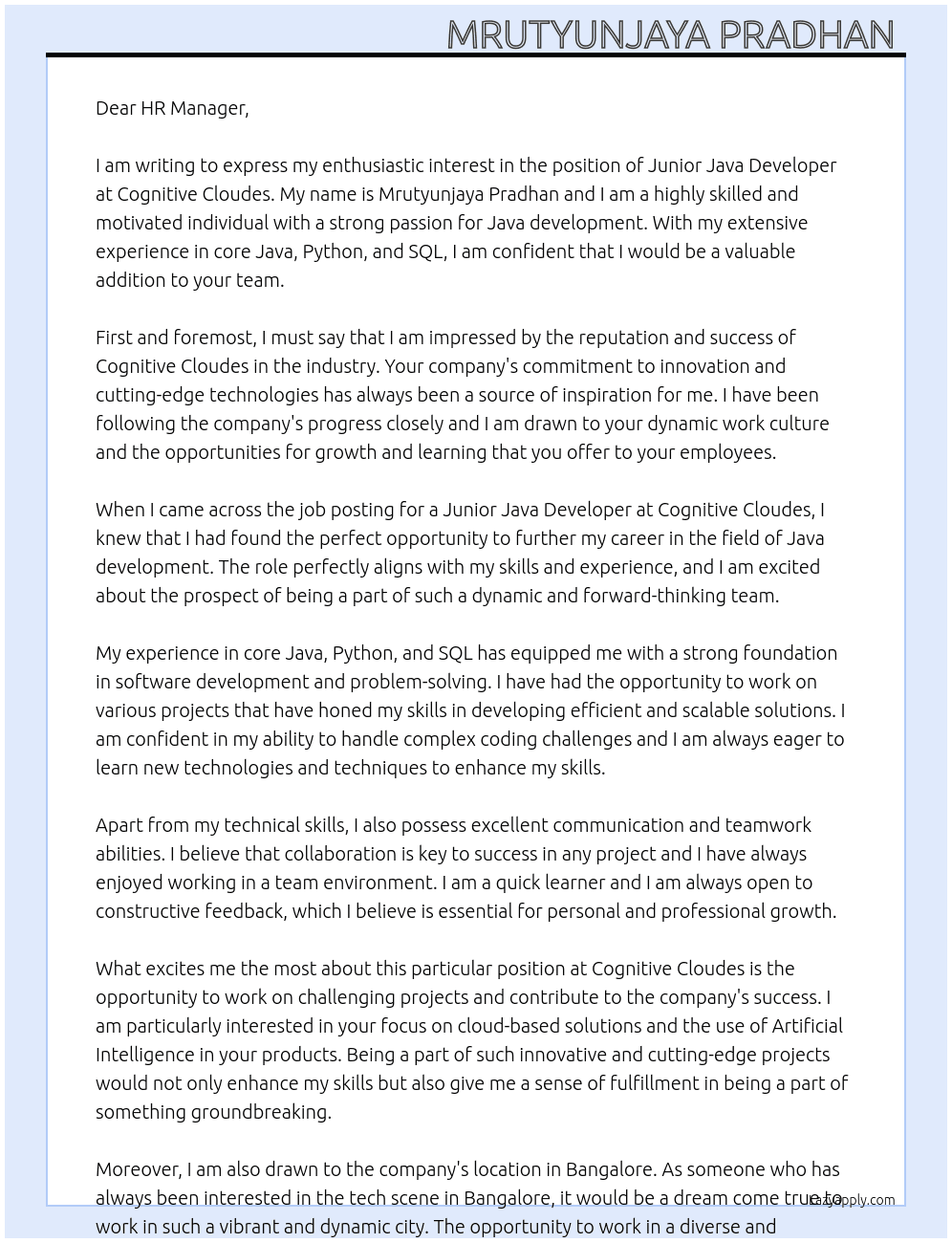 JAVA Devloper At Cognitive cloudes Cover Letter