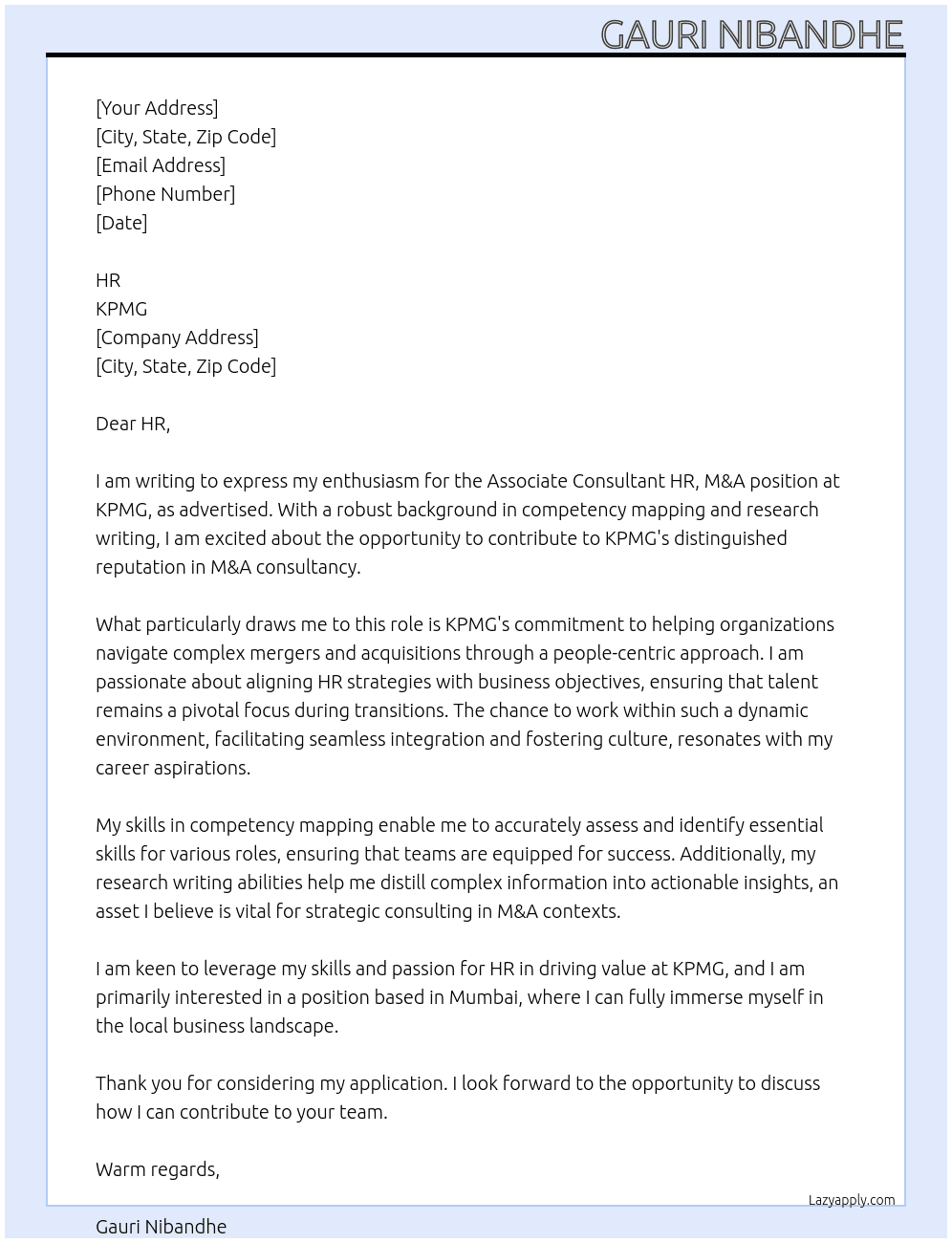 Associate Consultant HR, M&A At KPMG Cover Letter