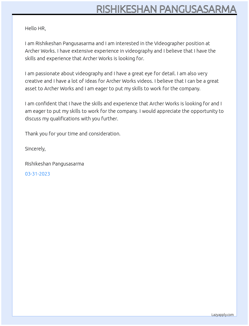 Videographer At Archer Works Cover Letter