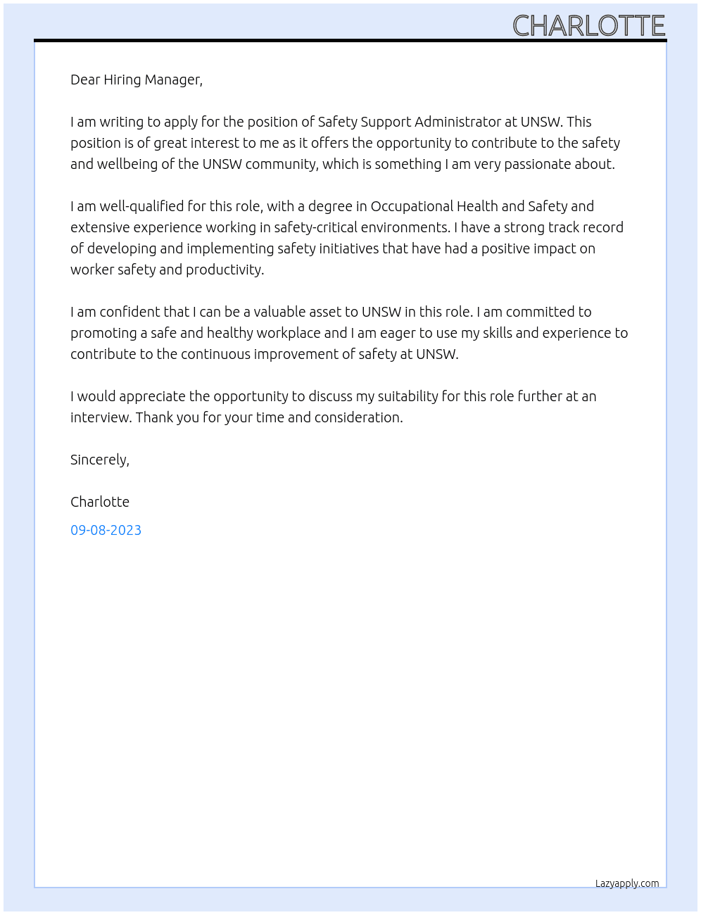 Safety Support Administrator At UNSW Cover Letter